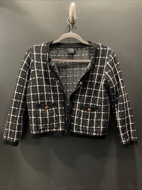 Classic Black & White Checked Tweed Cropped Blazer